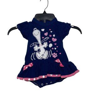 Vintage Snoopy Happy Dancing Dress Bodysuit Size 12 Months Blue w Pink Trim
